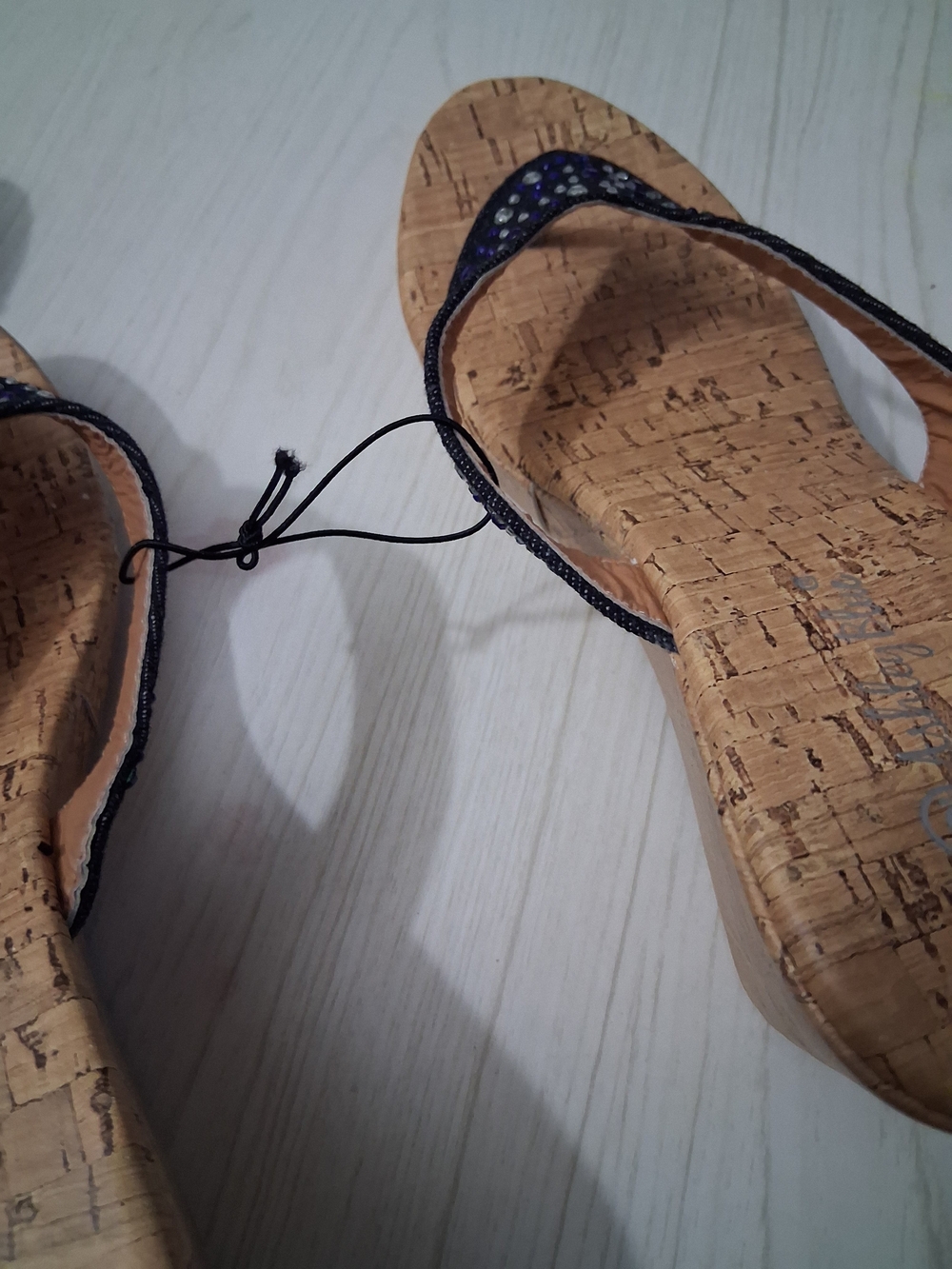 Ashley Blue Navy Rhinestone Cork Wedge Thong Sandals - Picture 5 of 6